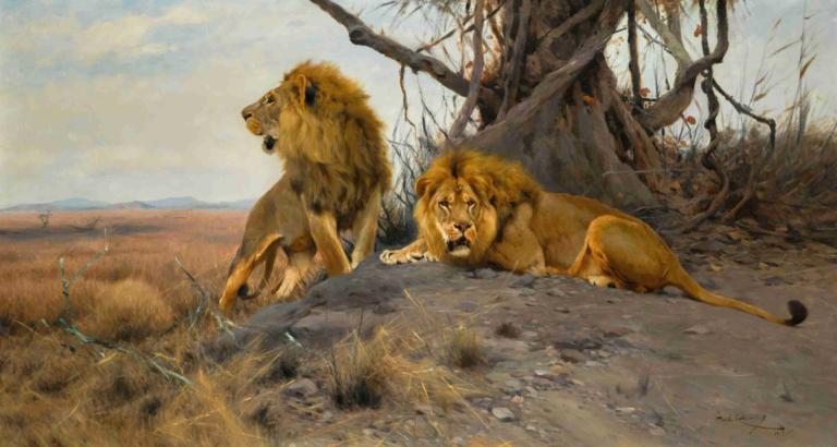 Grollende Löwen,Wilhelm Kuhnert,Oil Painting,Oil Painting, no humans, outdoors, tree, realistic, grass, lion