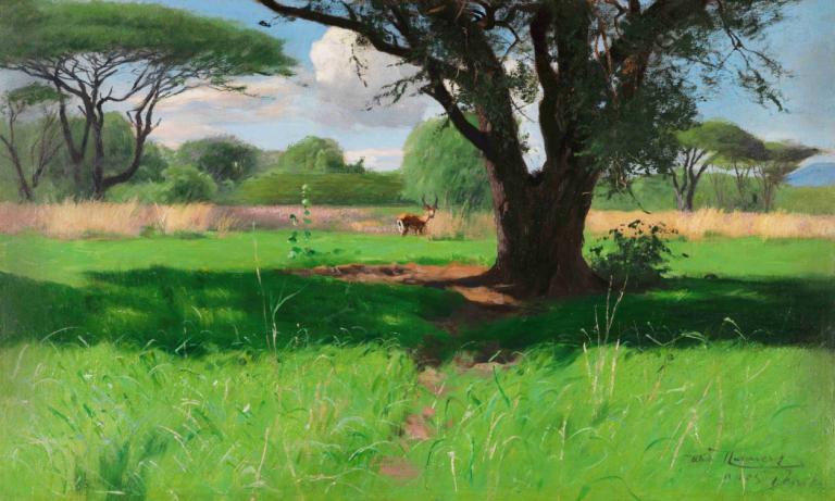 In der Savanne Ostafrikas,Wilhelm Kuhnert,Oil Painting,Oil Painting, tree, outdoors, scenery, grass, sky