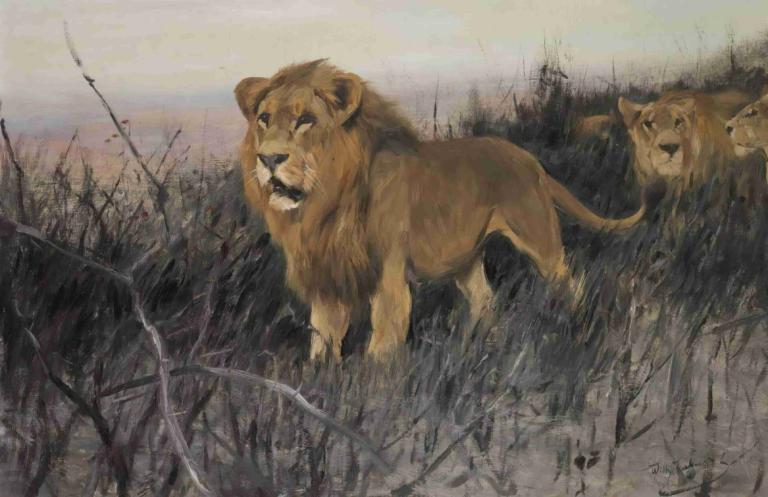 Löwen In Verbrannter Steppe [Lions In A Burnt Steppe],Singa di padang rumput yang terbakar],Wilhelm Kuhnert