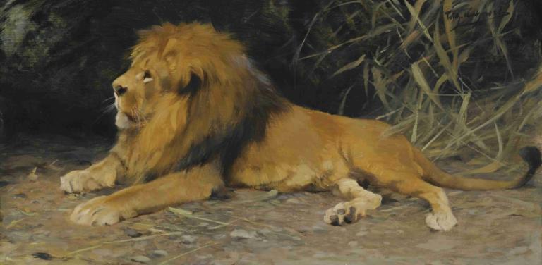 Lion In His Den,ライオンの巣,Wilhelm Kuhnert,ヴィルヘルム・クナート,油絵,油絵, 人間がいない, お腹の上に, 動物の焦点, 動物, 嘘つき, 植物, 従来のメディア, 屋外, 草