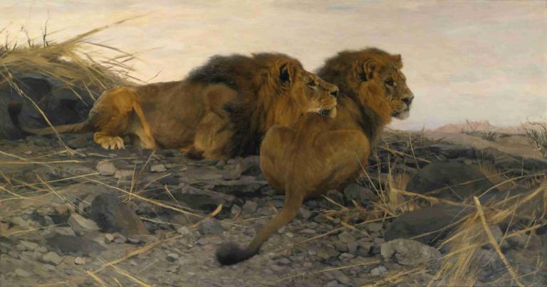 Lions At Watch,Wilhelm Kuhnert,Oil Painting,Oil Painting, no humans, outdoors, animal, grass, lion, realistic