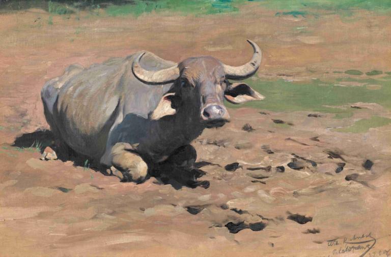 Resting Buffalo,Wilhelm Kuhnert,Oil Painting,Oil Painting, no humans, signature, outdoors, horns