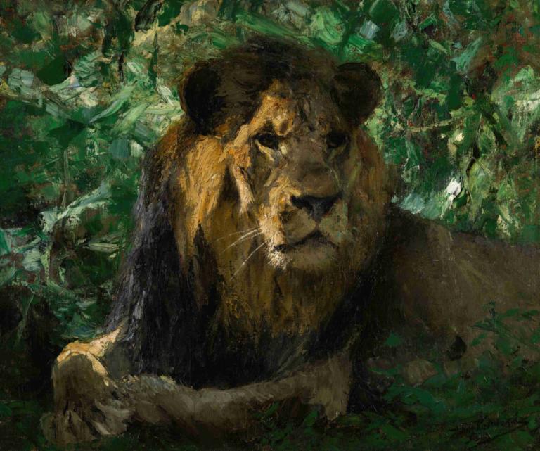 Resting Lion,Wilhelm Kuhnert,Oil Painting,Oil Painting, solo, realistic, faux traditional media, no humans