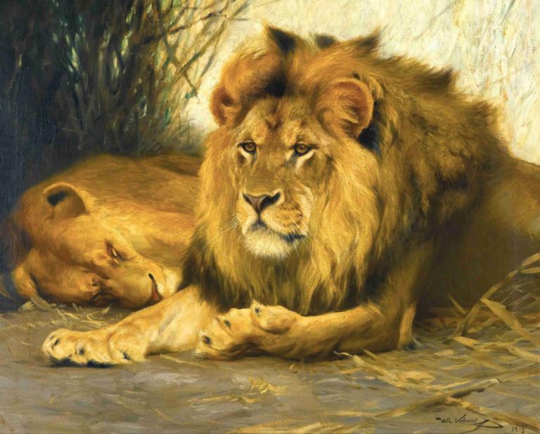 Resting Lions,Wilhelm Kuhnert,Oil Painting,Oil Painting, realistic, no humans, lion, signature