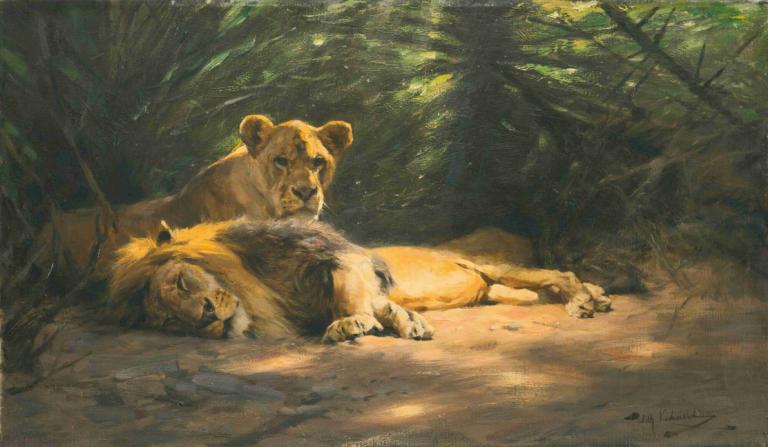 The Lions' Den,Aslanların İni,Wilhelm Kuhnert,Yağlı boya,Yağlı boya, insan yok, doğa, gerçekçi, uzanmak