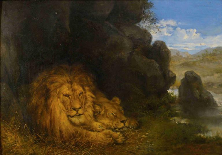 Two Lions In A Cave,Zwei Löwen in einer Höhle,Wilhelm Kuhnert,Ölgemälde,Ölgemälde, keine Menschen, draußen