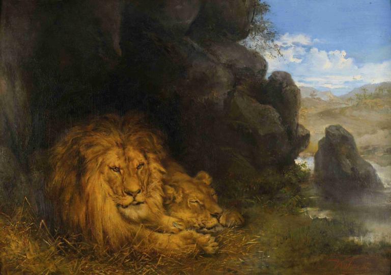 Two lions in a cave,Zwei Löwen in einer Höhle,Wilhelm Kuhnert,Ölgemälde,Ölgemälde, keine Menschen, draußen