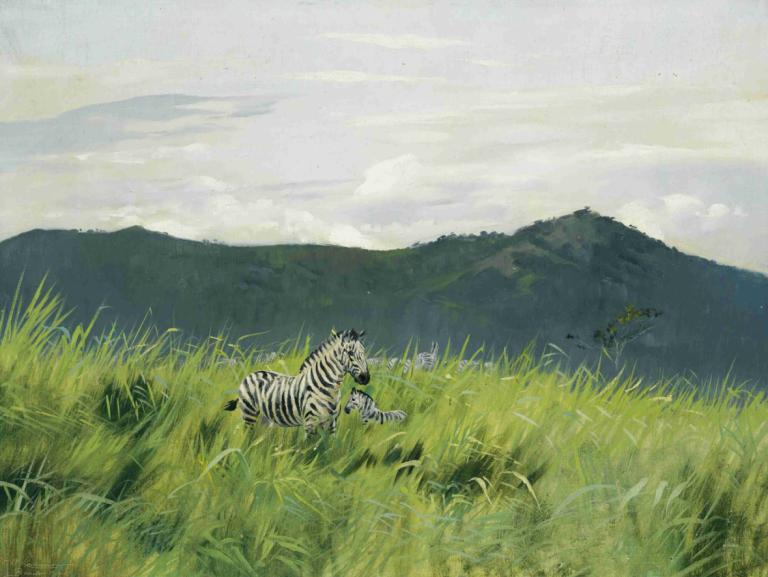 Zebra On The Steppe,Zebra in der Steppe,Wilhelm Kuhnert,Ölgemälde,Ölgemälde, keine Menschen, draußen, Gras