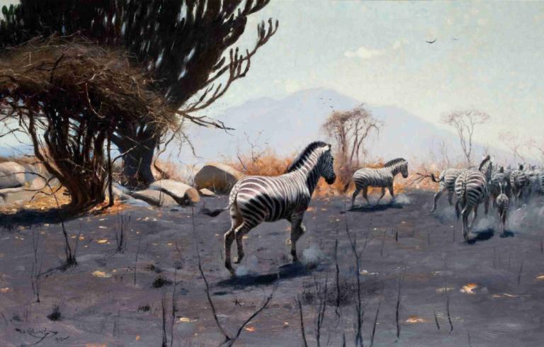 Zebras,Wilhelm Kuhnert,Ölgemälde,Ölgemälde, Baum, draußen, keine Menschen, Landschaft, Tier