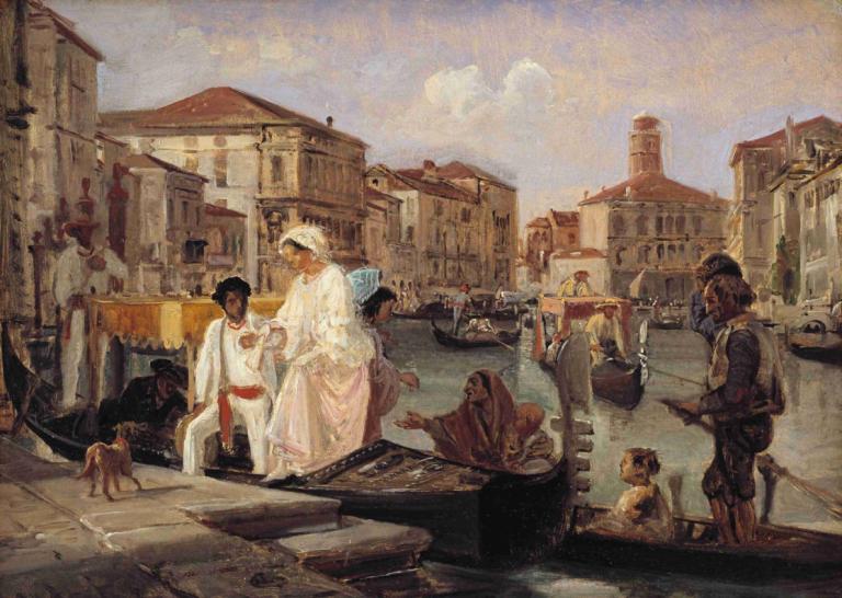 Alighting from a Gondola in Venice,Bajar de una góndola en Venecia,Wilhelm Marstrand,William Marstrand