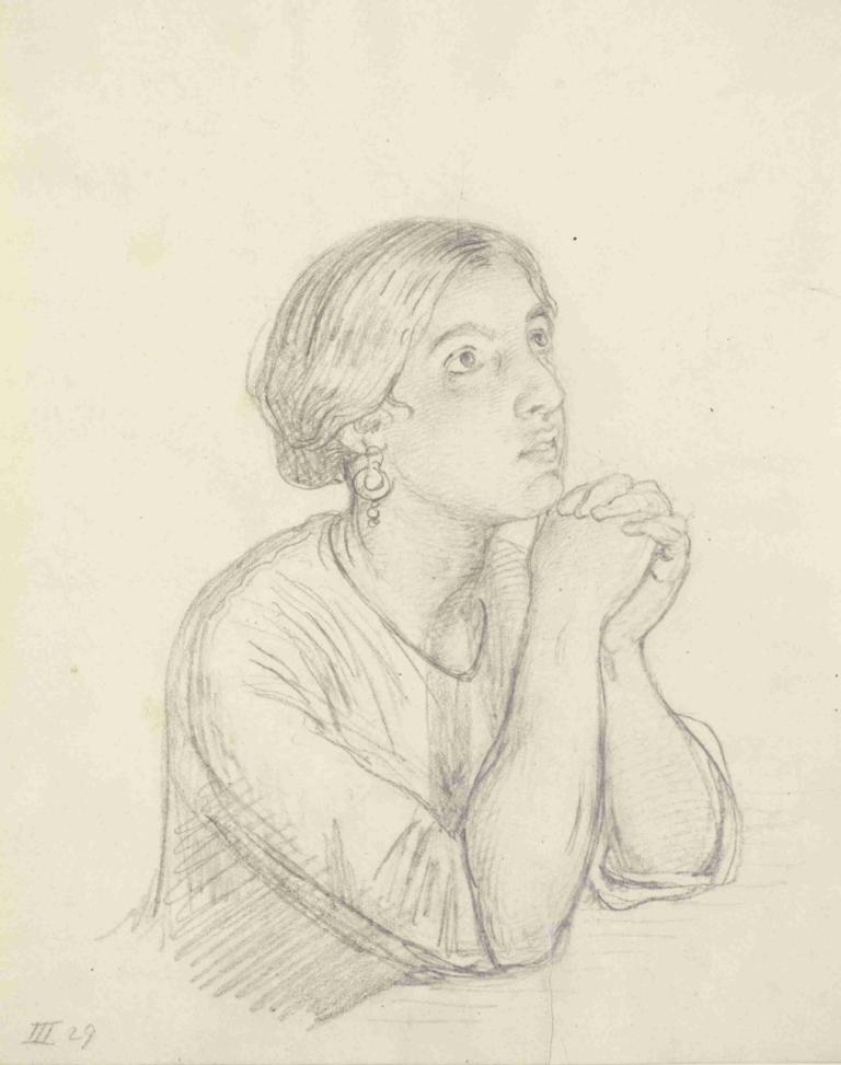 Bedende italienerinde, brystbillede,Wilhelm Marstrand,Sketch,Sketch, 1girl, solo, monochrome, earrings