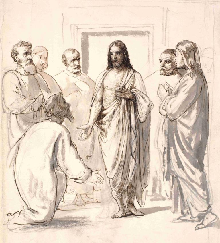 Christ and the doubting Thomas,Wilhelm Marstrand,Sketch,Sketch, beard, multiple boys, facial hair, monochrome