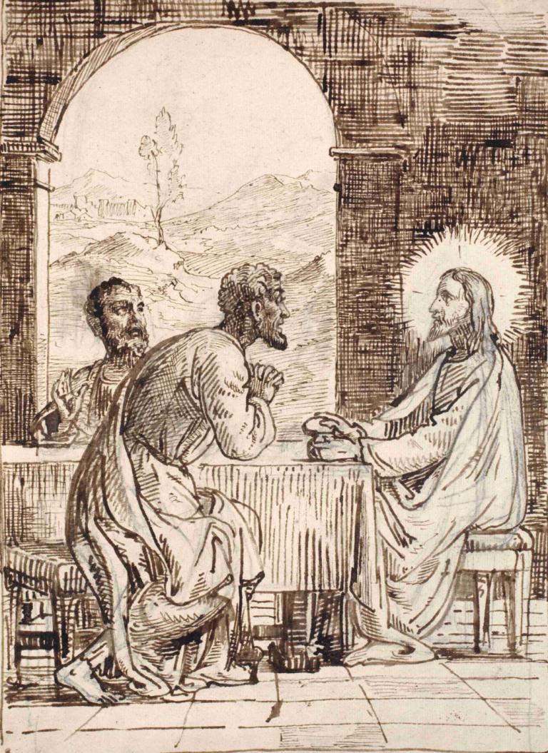 Christus i Emaus,Wilhelm Marstrand,Sketch,Sketch, multiple boys, beard, monochrome, sitting, male focus