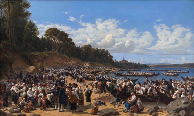 Church-Goers Arriving By Boat At The Parish Church Of Leksand On Siljan Lake, Sweden