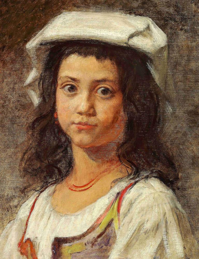 En ung italienerinde med hvidt hovedklæde,Wilhelm Marstrand,Oil Painting,Oil Painting, 1girl, solo, hat