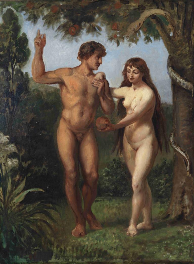 Eve Tempts Adam,Wilhelm Marstrand,Oil Painting,Oil Painting, fine art parody, 1girl, 1boy, nude, long hair