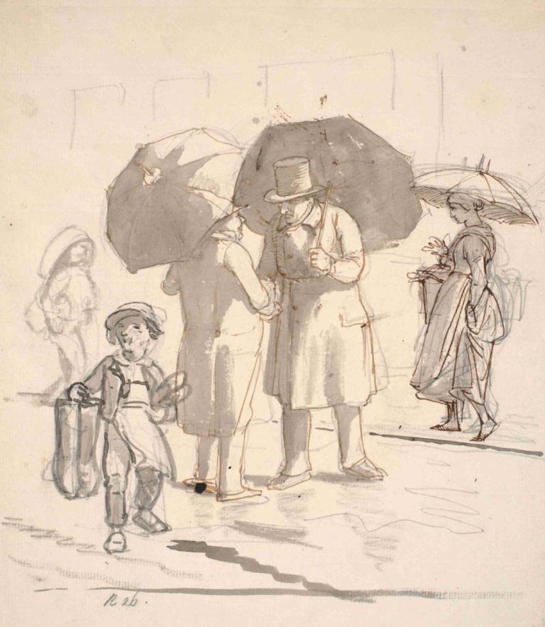 Gadescene i regnvejr,Wilhelm Marstrand,Sketch,Sketch, umbrella, hat, multiple boys, old, multiple girls