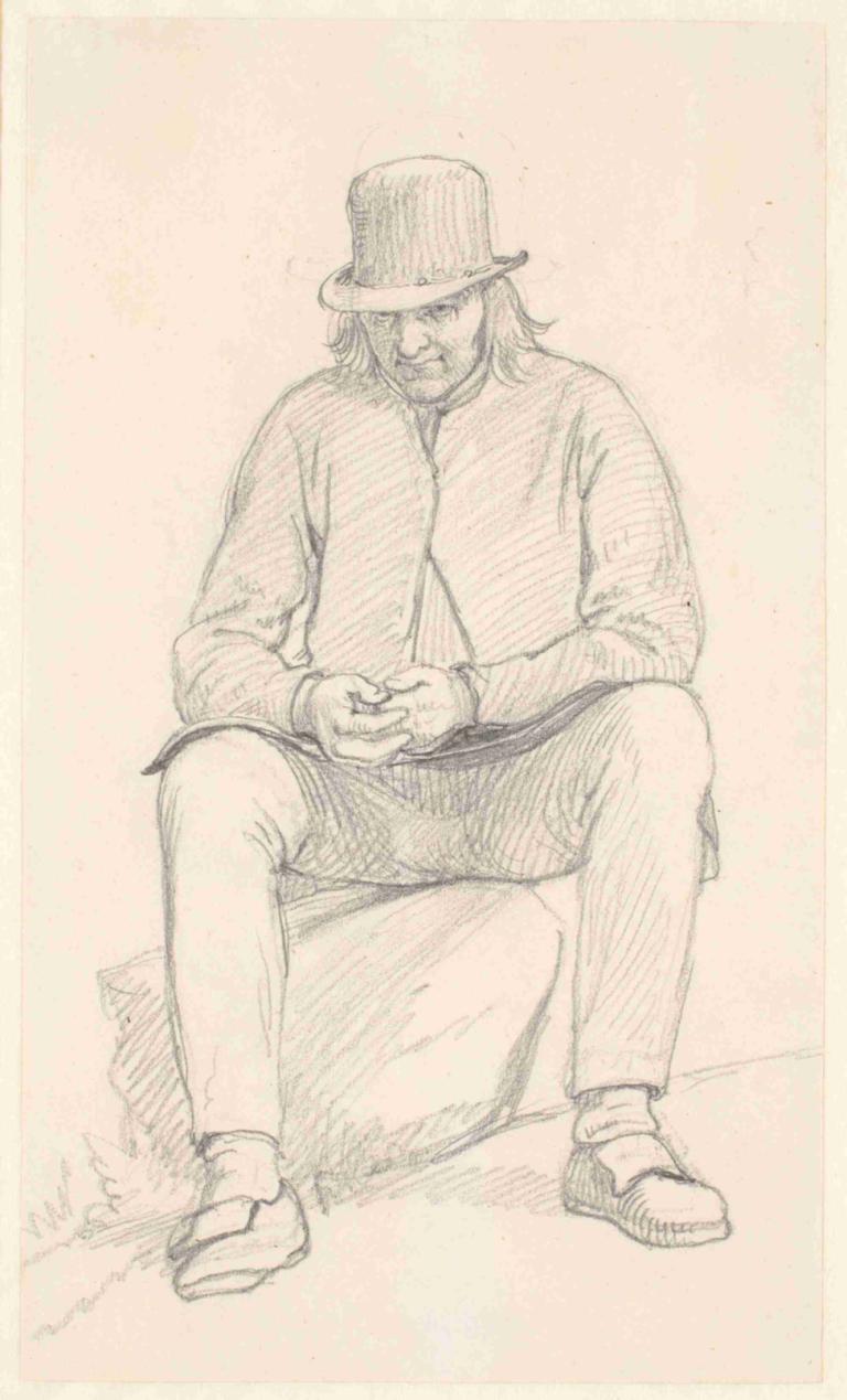 Gammel svensk bonde, siddende på en sten,Wilhelm Marstrand,Sketch,Sketch, 1boy, male focus, hat, solo