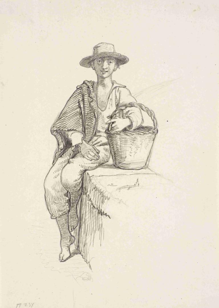 Italienerdreng med kurv,Wilhelm Marstrand,Sketch,Sketch, 1boy, solo, male focus, monochrome, hat, sitting