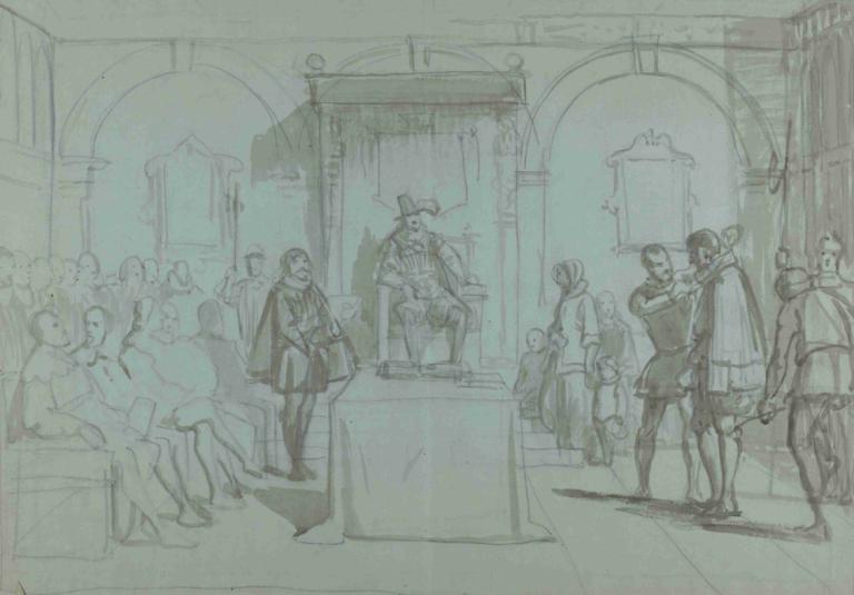 King Christian IV of Denmark Judging Christoffer Rosenkrantz,Wilhelm Marstrand,Sketch,Sketch, multiple girls