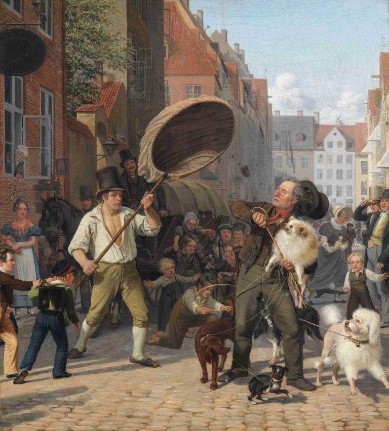 Street Scene in the Dogdays,Wilhelm Marstrand,William Marstrand,Öljymaalaus,Öljymaalaus, hattu, koira, ulkona