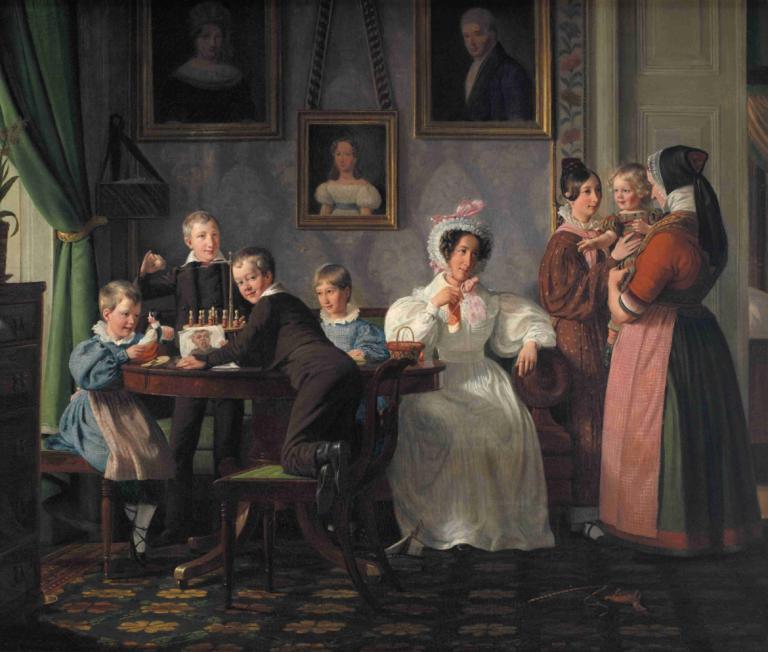 The Waagepetersen Family,Waagepetersen家族,Wilhelm Marstrand,威廉·馬斯特蘭德,油畫,油畫, 美術模仿, 多個女孩, 多個男孩, 裙子, 桌子, 窗簾, 黑髮