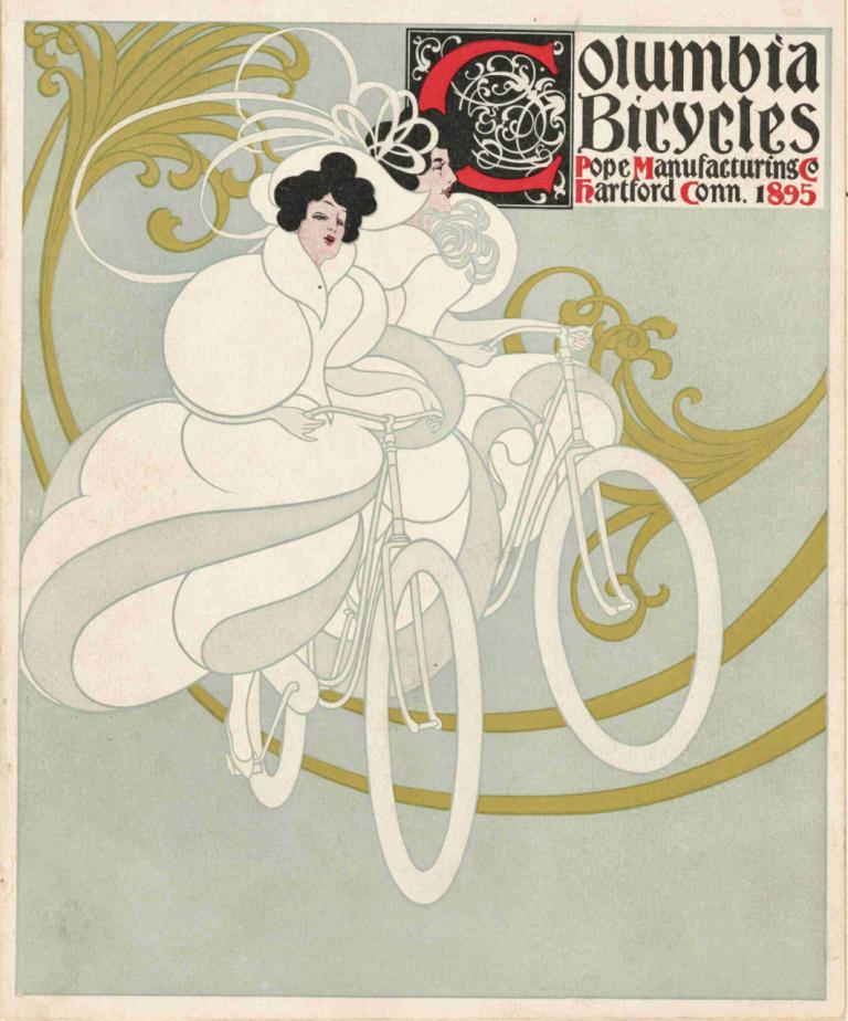 Columbia bicycles,Will Bradley,Illustration,Illustration, 1girl, black hair, solo, riding, fine art parody