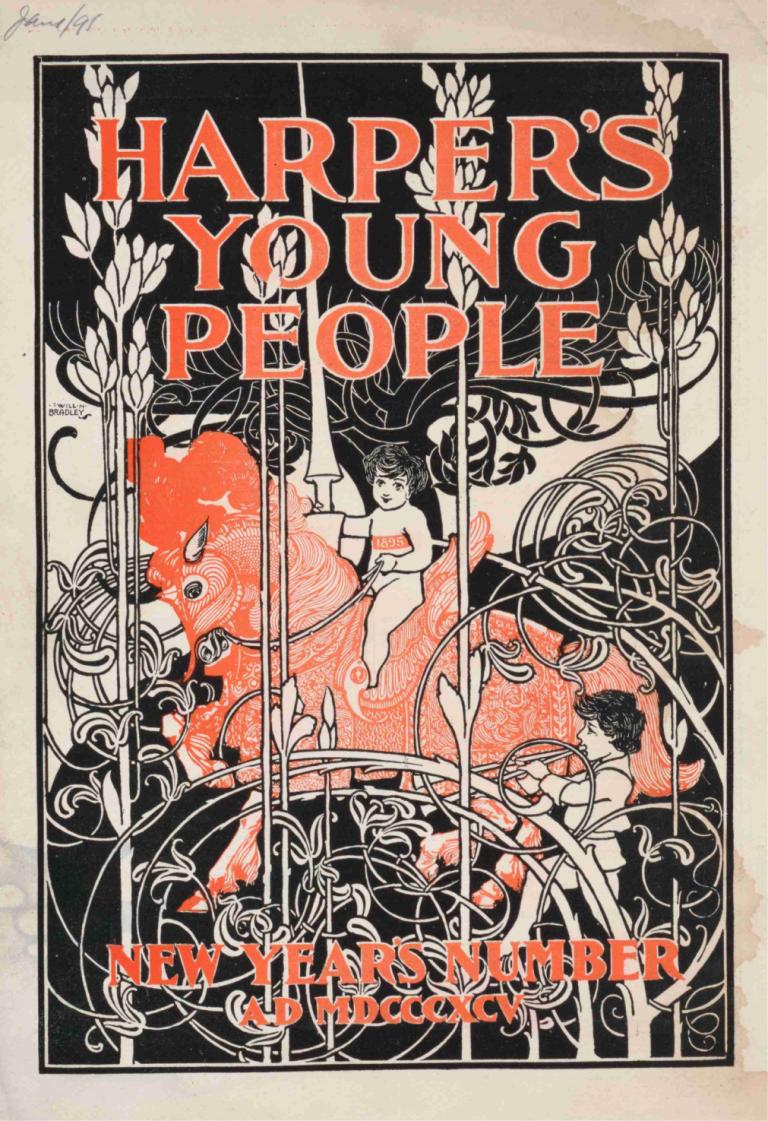 Harper's young people - New Year's number,Will Bradley,Illustration,Illustration, 1girl, 1boy, long hair