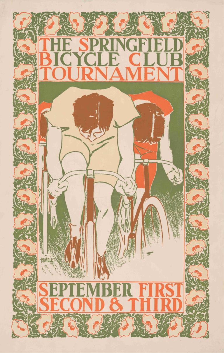 The Springfield bicycle club tournament,스프링필드 자전거 클럽 토너먼트,Will Bradley,윌 브래들리,일러스트레이션,일러스트레이션, 여자 1명, 꽃, 1남