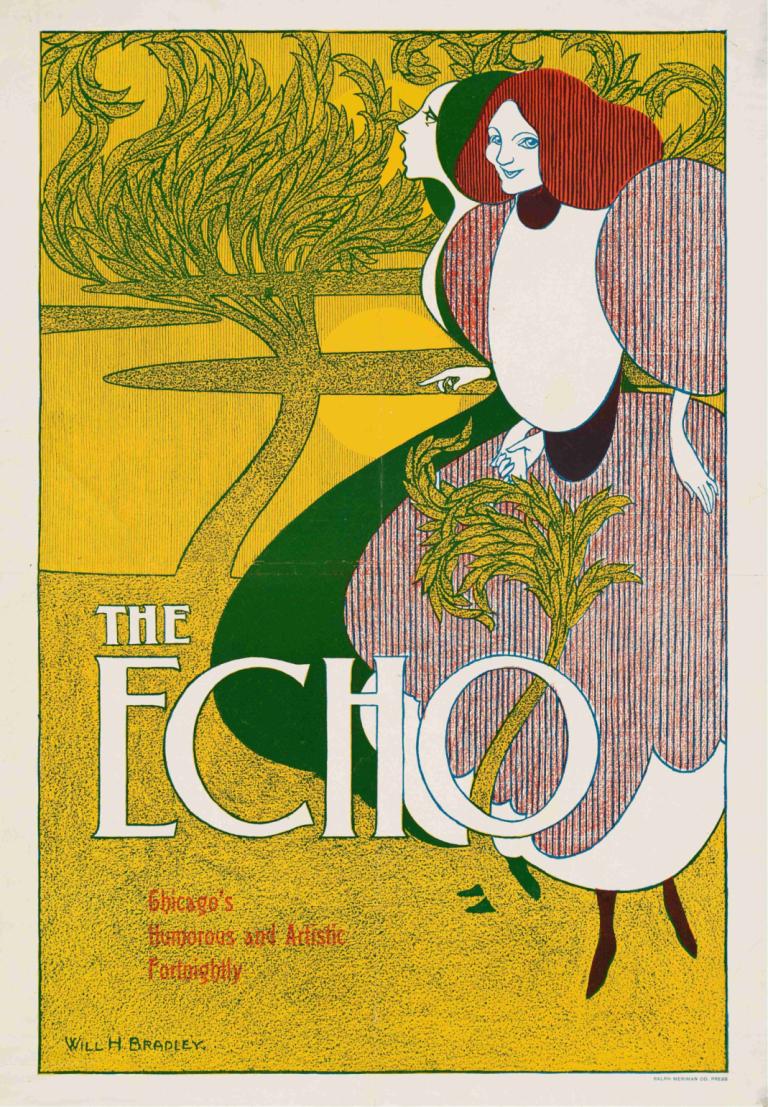 The echo,De echo,Will Bradley,Illustratie,Illustratie, 1meisje, rood haar, solo, jurk, plant, lange mouwen