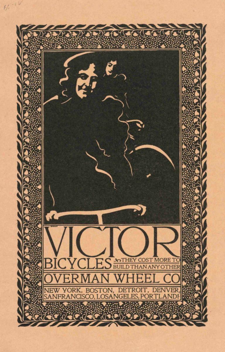 Victor bicycles, Overman Wheel Co.,빅터 자전거, 오버맨 휠 Co.,Will Bradley,윌 브래들리,일러스트레이션,일러스트레이션, 실루엣, 모자, 얼굴 털