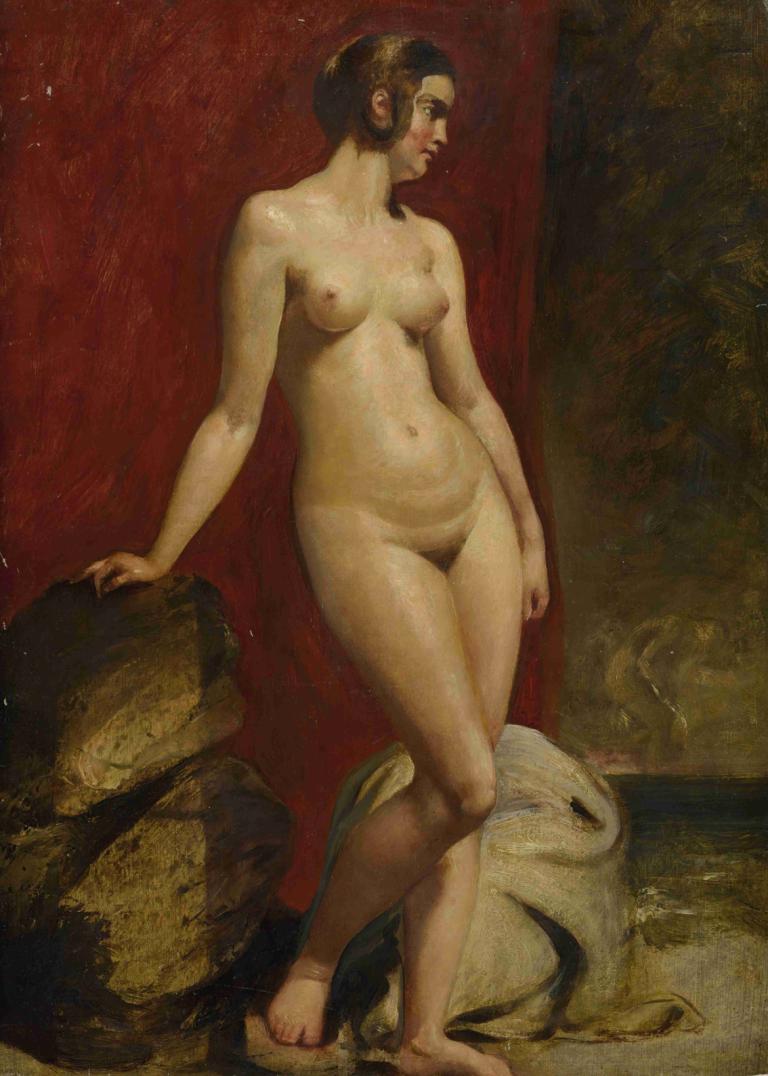 A Study Of A Standing Female Nude,站立女性裸体研究,William Etty,威廉-埃蒂,油画,油画, 美术模仿, 1个女孩, 乳头, 乳房, 裸体, 棕色的头发, 脐, 独奏, 短发