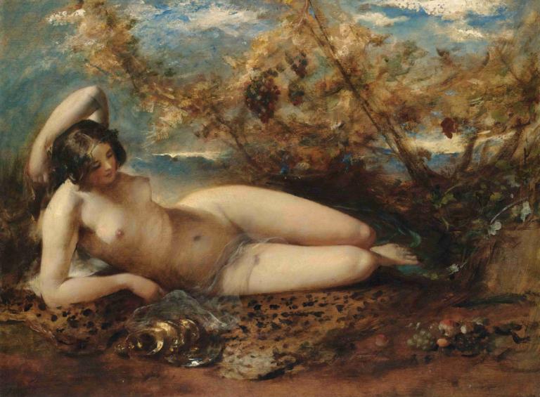 A Young Women Reclining On A Fur Rug,William Etty,Oil Painting,Oil Painting, fine art parody, 1girl, solo