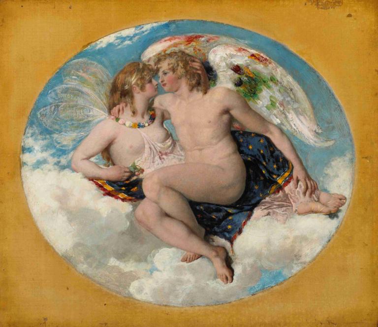 Cupid and Psyche,丘比特與普緒克,William Etty,威廉·埃蒂,油畫,油畫, 美術模仿, 翅膀, 雲, 乳頭, 裸體, 赤腳, 金髮, 珠寶, 1男孩, 項鍊, 長髮, 1個女孩, 乳房, 天空