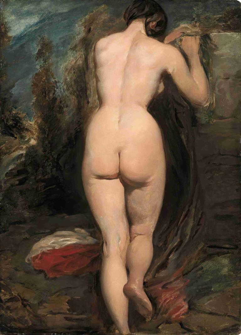 Female nude, seen from behind,女性裸体，从后面看,William Etty,威廉-埃蒂,油画,油画, 1个女孩, 美术模仿, 裸体, 独奏, 屁股, 赤脚, 完全裸体, 乳房, 黑发