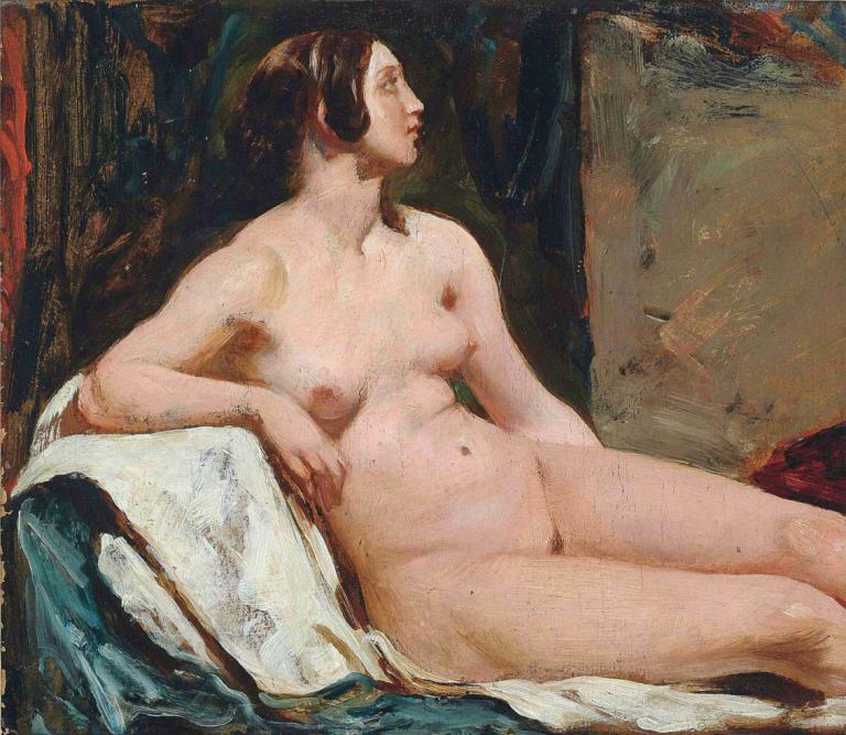 Female nude,William Etty,Oil Painting,Oil Painting, 1girl, solo, nude, breasts, nipples, fine art parody