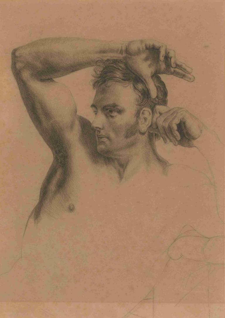 Half-Length Male Nude,William Etty,Sketch,Sketch, male focus, 1boy, solo, monochrome, traditional media