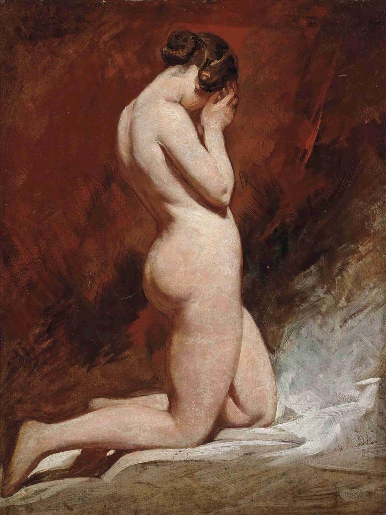 Kneeling nude,下跪裸體,William Etty,威廉·埃蒂,油畫,油畫, 1個女孩, 裸體, 獨奏, 屁股, 跪著, 髮髻, 美術模仿, 完全裸體, 單髮髻, 赤腳, 棕色的頭髮, 黑髮, 假傳統媒體