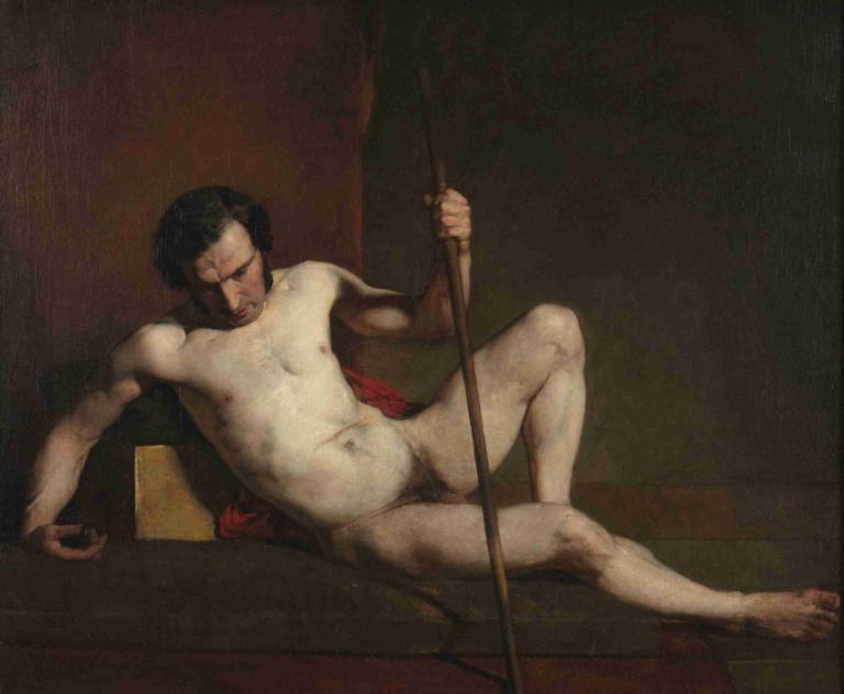 Male Nude Leaning on Staff,Naken mann lener seg på personalet,William Etty,Oljemaleri,Oljemaleri, kunstparodi