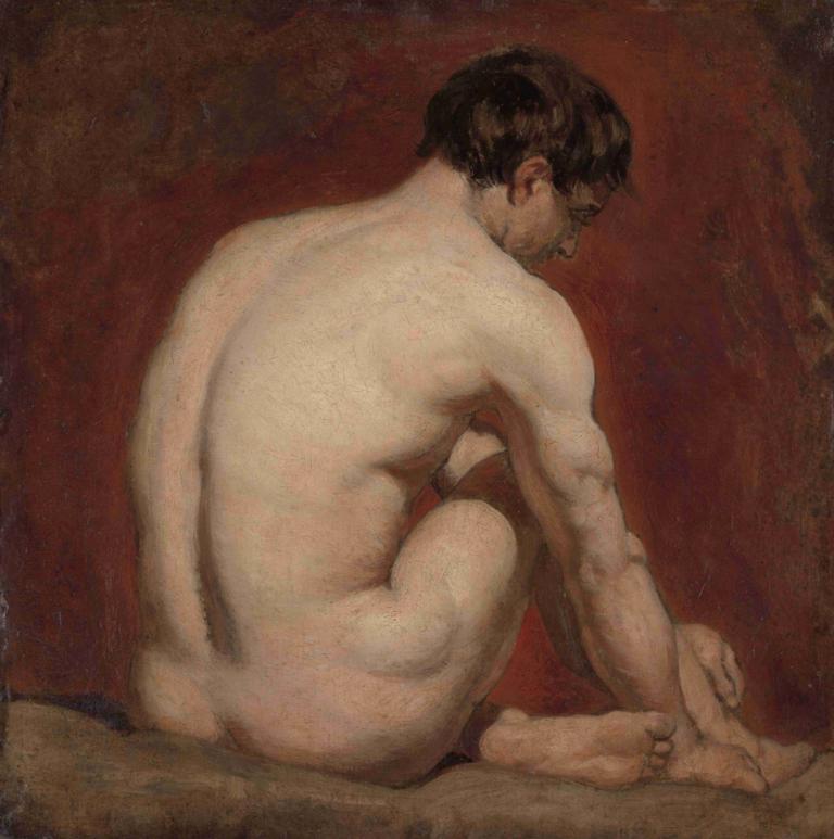 Male Nude, Kneeling, from the Back,男性裸体，跪姿，从背面拍摄,William Etty,威廉-埃蒂,油画,油画, 男性焦点, 1男孩, 独奏, 裸体, 坐着, 短发, 胡子