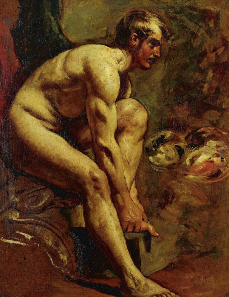 Male Nude,William Etty,Oil Painting,Oil Painting, fine art parody, male focus, 1boy, nude, solo, muscular