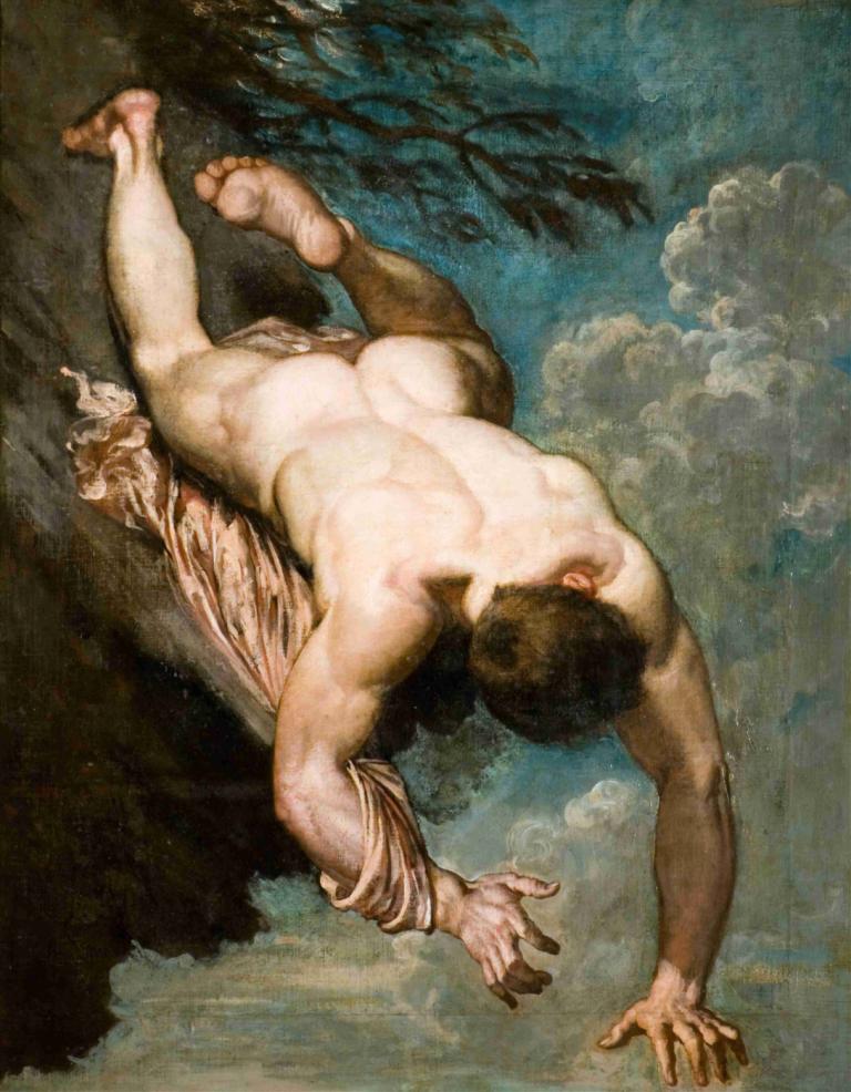 Manlius Hurled From The Rock,曼利烏斯從岩石上拋出,William Etty,威廉·埃蒂,油畫,油畫, 美術模仿, 男性焦點, 1男孩, 獨奏, 裸體, 屁股, 雲, 樹, 赤腳, 黑髮