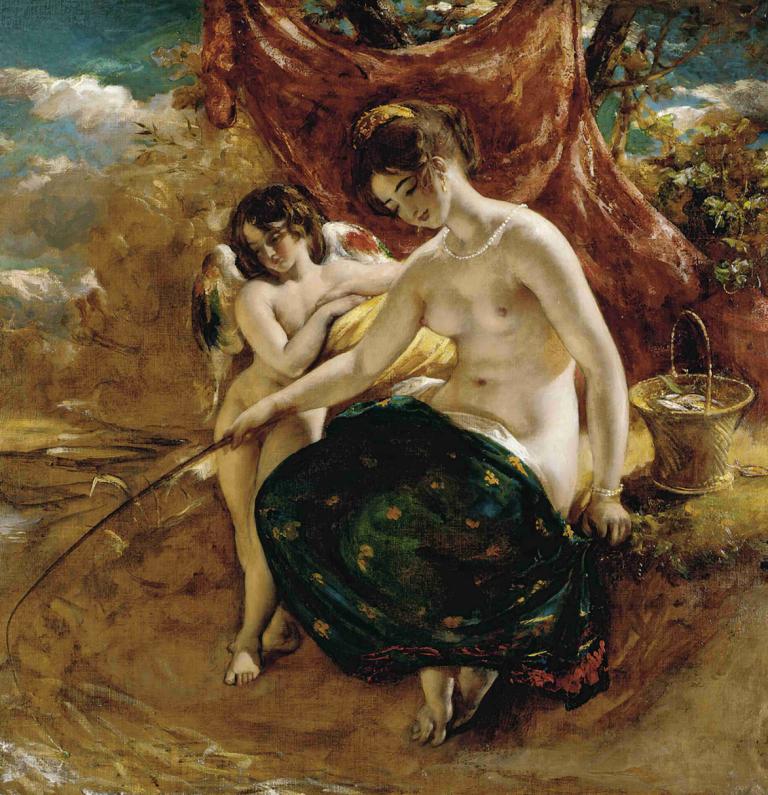 Nymph Angling,William Etty,威廉·埃蒂,油畫,油畫, 美術模仿, 多個女孩, 2個女孩, 珠寶, 乳頭, 項鍊, 裸體, 乳房, 翅膀, 假傳統媒體, 棕色的頭髮, 坐著, 赤腳, 籃子