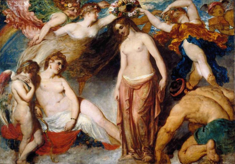 Pandora Crowned By The Seasons,Pandora gekroond door de seizoenen,William Etty,Olieverf,Olieverf