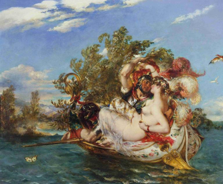 Phaedria and Cymochles,William Etty,Oil Painting,Oil Painting, fine art parody, watercraft, boat, bird, 1girl