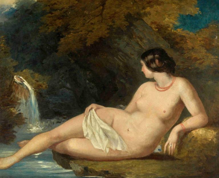 Reclining Female Nude By A Waterfall,將女性裸體斜倚在瀑布邊,William Etty,威廉·埃蒂,油畫,油畫, 1個女孩, 美術模仿, 乳頭, 獨奏, 乳房, 水, 裸體, 珠寶