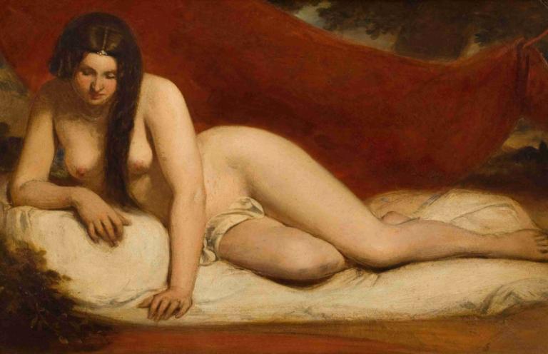 Reclining Nude,躺在床上的裸體,William Etty,威廉·埃蒂,油畫,油畫, 1個女孩, 獨奏, 美術模仿, 乳頭, 裸體, 乳房, 長髮, 說謊, 實際的, 赤腳, 一邊, 中等乳房, 假傳統媒體