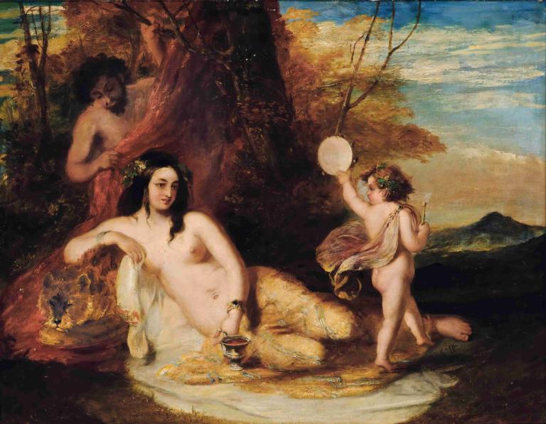 Satyr spying on a reclining nymph,Satyr memata-matai peri yang sedang berbaring,William Etty