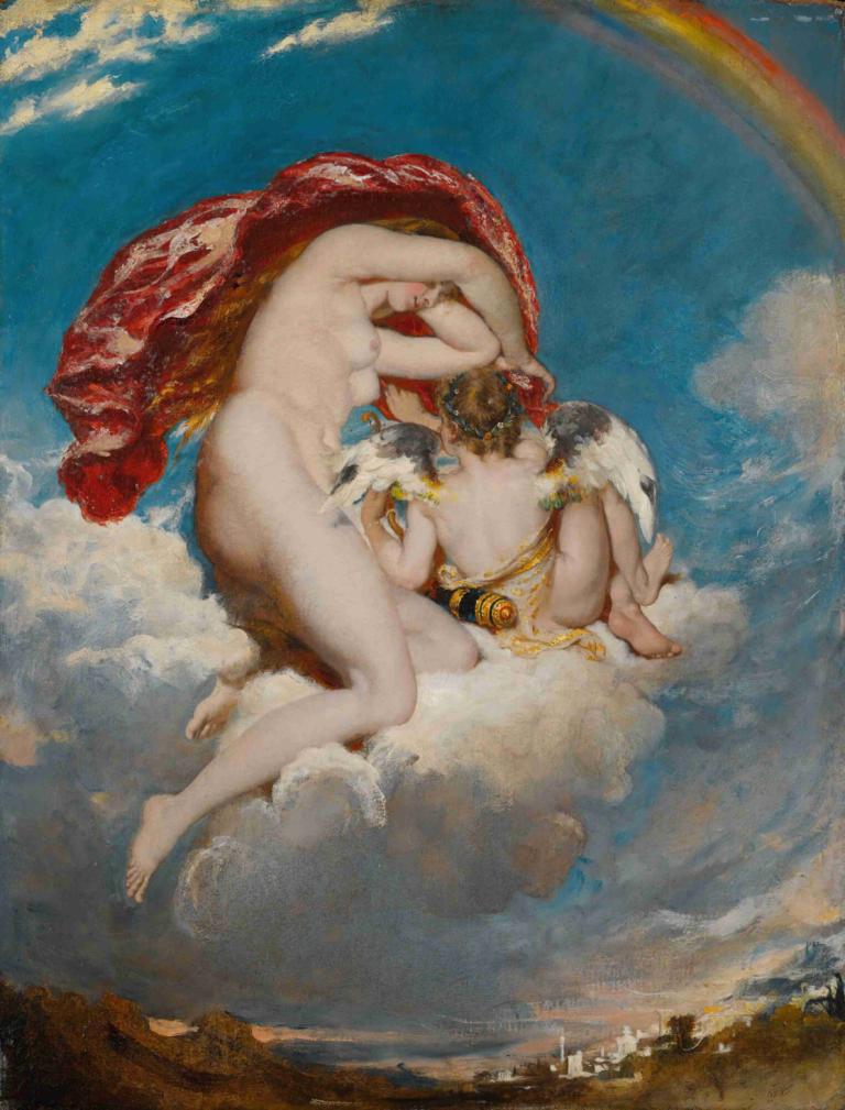 Venus And Cupid Descending,Venus Dan Cupid Turun,William Etty,Lukisan cat minyak,Lukisan cat minyak