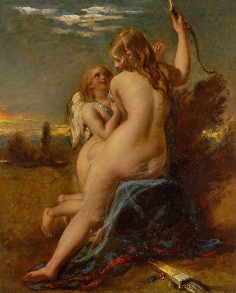 Venus Relieving Cupid Of His Bow,Venus Membebaskan Cupid Dari Haluannya,William Etty,Lukisan cat minyak